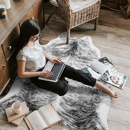 AROGAN Western Decor Faux Fur Cowhide Rug, 4 x 3 Feet Premium Animal Skin Cow Hide Rug, Sturdy Cow Print Rugs for Wall Decor, Western Floor Carpet for Bedroom Living Room, Black and Grey