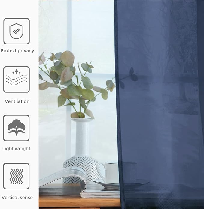 SpaceDresser Sheer Voile Window Treatment Rod Pocket Curtain Panels for Kitchen Bedroom Living Room Drapes Sunlight Filtering Privacy Semi Home Decor Assorted Colors Sizes (Navy, 52 W x 72 L)