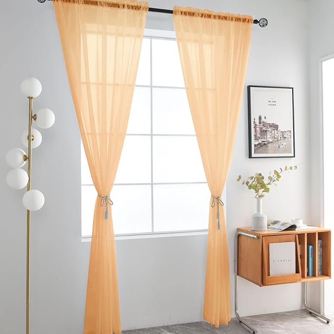 SpaceDresser Sheer Voile Window Treatment Rod Pocket Curtain Panels for Kitchen Bedroom Living Room Drapes Sunlight Filtering Privacy Semi Home Decor Assorted (Beige, 52 W x 84 L)