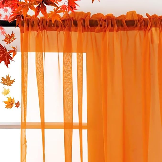 SpaceDresser Basic Rod Pocket Sheer Voile Window Curtain Panels Orange 2 Panels 52 Width 108 Inch Long for Kitchen Bedroom Children Living Room Yard(Orange,52 W x 108 L)