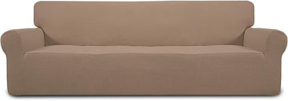 Easy-Going Stretch 4 Seater Sofa Slipcover 1-Piece Sofa Cover Furniture Protector Couch Soft with Elastic Bottom for Kids, Polyester Spandex Jacquard Fabric Small Checks Camel