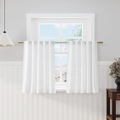 Short White Curtains 40 Inch Length for Small Window - Linen Semi Sheer Curtain with Back Tab and Rod Pocket Light Filtering Front Door Drapes for Cafe Bedroom Kitchen, 2 Panels Set 29 X 40 Inch
