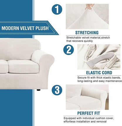 H.VERSAILTEX Rich Velvet Stretch 2 Piece Chair Cover Chair Slipcover Sofa Cover Furniture Protector Couch Soft with Elastic Bottom Chair Couch Cover Width Up to 49 Inch (Chair, Porcelain White)