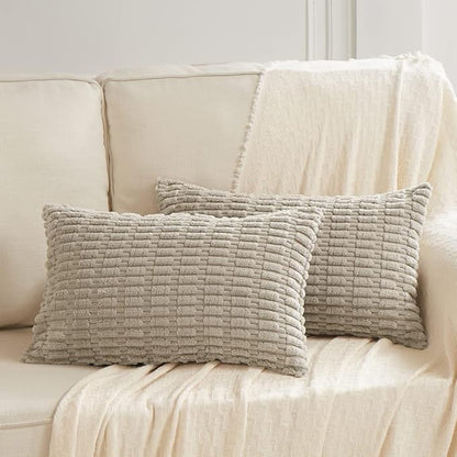 Fancy Homi 4 Packs Taupe Decorative Throw Pillow Covers 12x24 Inch for Living Room Couch Bed, Rustic Modern Farmhouse Boho Home Decor, Soft Plush Corduroy Cute Square Accent Cushion Case 30x60 cm
