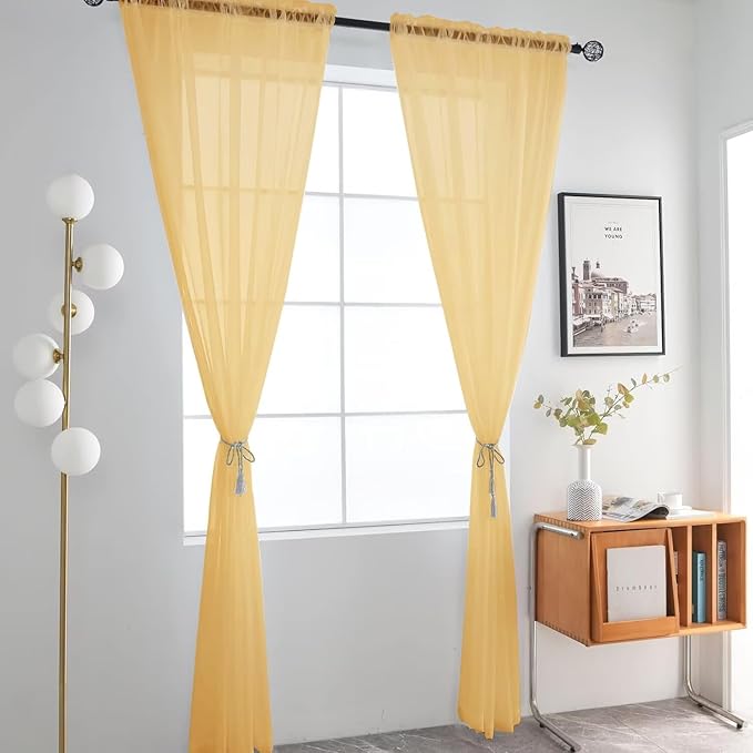 SpaceDresser Basic Rod Pocket Sheer Voile Window Curtain Panels Gold 1 Pair 2 Panels 52 Width 72 Inch Long for Kitchen Bedroom Children Living Room Yard（Gold, 52W x 72L）