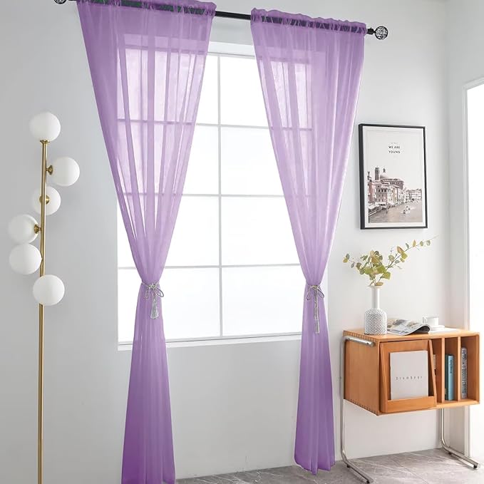 SpaceDresser Lavender Sheer Curtains 4 Panels Rod Pocket Semi-Sheer Curtain 72 Inches Long Light Filtering Voile Window Drapes for Bedroom Living Room Kitchen, Each 52W x 72L
