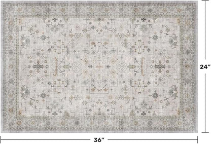 Washable 2x3 Throw Rugs for Entryway, Front Door Mat, Low Pile Non-Slip Small Area Rugs for Kitchen, Bathroom, Powder Room, Mudroom, Neutral Light Grey with Floral Accent