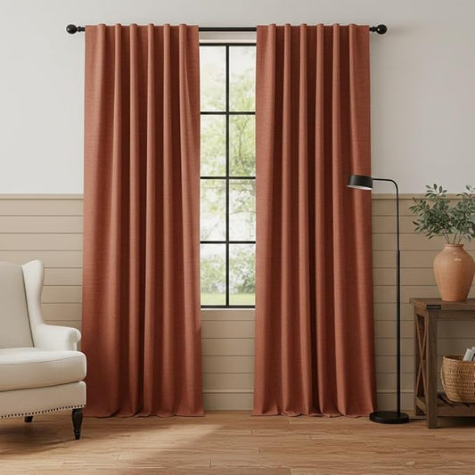 RYB HOME 100% Blackout Linen Textured Curtains 90 inches Long, Insulating Privacy Energy Saving for Bedroom Living Room Window Office Theater Dining Nursery, W 52 x L 90 in, Terracotta, 2 Panels