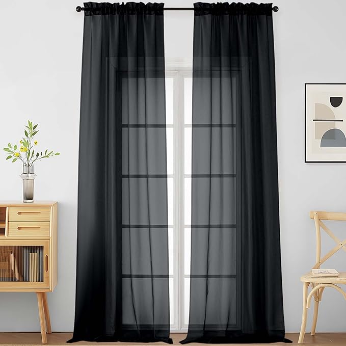 Black Sheer Curtains for Windows 108 inches Long 2 Panels Set, Soft Lightweight Light Filtering Drapes for Living Room Bedroom, Dual Rod Pocket Sheer Curtains, 2x42Wx108L inches