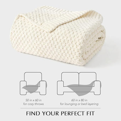 EVERGRACEHOME Chunky Chenille Knit Throw Blanket for Couch, Soft Luxurious Moss Stitch Blankets for Bed, Cozy Decorative Farmhouse Knitted Throws for Sofa, Ivory White, 50" x 60"