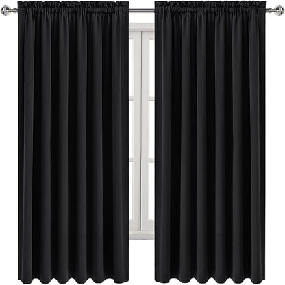 DWCN Blackout Curtains for Living Room Thermal Insulated, Energy Saving & Noise Reducing Bedroom Curtains, Black, W 70x L 72 Inch, Set of 2 Rod Pocket Curtain Panels