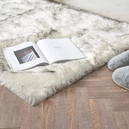 ORINOVA White and Grey Area Rugs 9x12 Living Room Large Washable Faux Fur Rugs for Bedroom Nursery Shaggy Sheepskin Fur Rectangle Rug