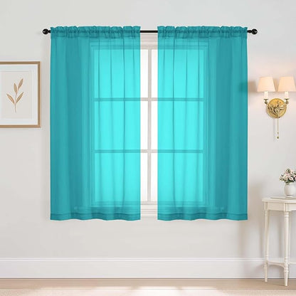 Window Sheer Curtains 54 inch Length, Soft Airy Light Filtering Sheer Curtain 2 Panels Set, Dual Rod Pocket Gauze Drapes for Living Room Bedroom, Turquoise, 2x42Wx54L Inches