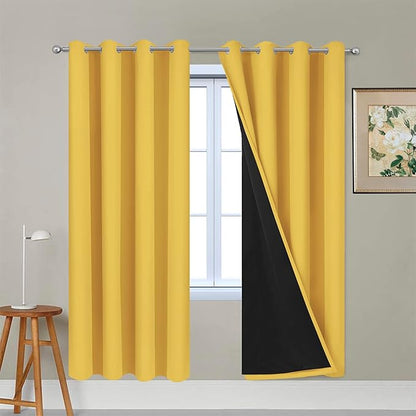 Yakamok Thermal Insulated Full Blackout Curtains 72 Inches Long, Double Layer Full Room Darkening Noise Reducing Grommet Curtains for Bedroom(Mustard Yellow, 2 Panels)