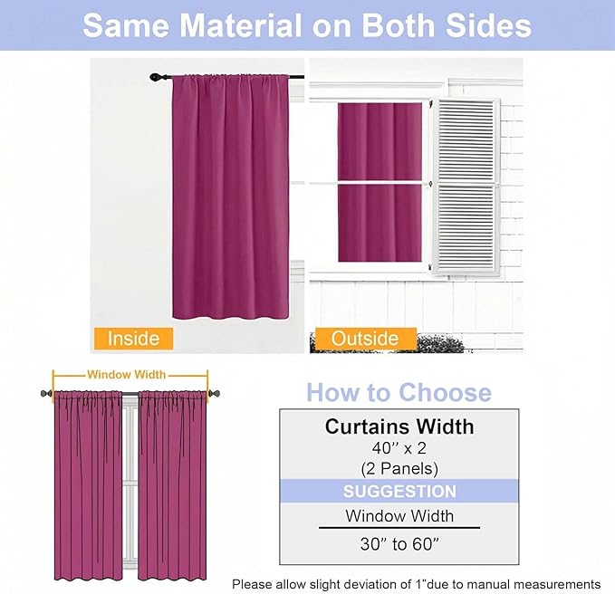 Simplebrand Ava Hot Pink Short 36 Inches Blackout Curtain 2 Panels Set, Half Window Rod Pocket Privacy Curtain Tiers for Kitchen, Curtains Blackout for Bathroom Shades, W40 x L36 Inch, Hot Pink