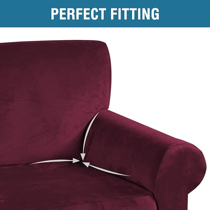 H.VERSAILTEX Stretch Velvet Sofa Covers for 3 Cushion Couch Covers Furniture Protector Soft with Non Slip Elastic Bottom, Crafted from Thick Comfy Rich Velour (Large Sofa 90"-97", Burgundy)