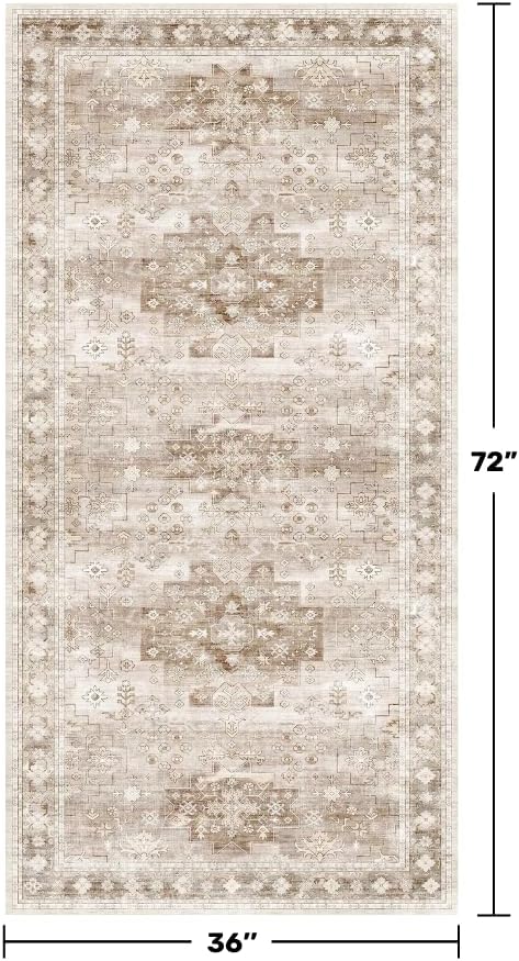 Washable Neutral Farmhouse Large Entryway Rug, 3x6 Area Rugs for Kitchen, Bedroom Beside Bed, Nursery Room, Boho Vintage Floral Non-Slip Throw Rug Low Pile Stain Resistant (3x6 Beige/Latte)