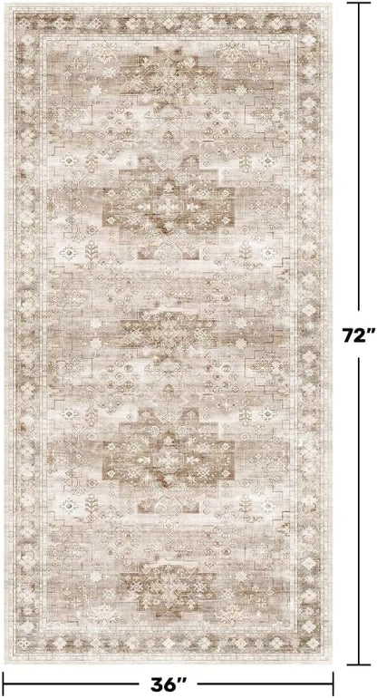 Washable Neutral Farmhouse Large Entryway Rug, 3x6 Area Rugs for Kitchen, Bedroom Beside Bed, Nursery Room, Boho Vintage Floral Non-Slip Throw Rug Low Pile Stain Resistant (3x6 Beige/Latte)