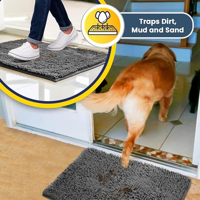 Muddy Mat® | Super Absorbent Door Mat Indoor, Microfiber Quick Dry Chenille Entryway Rug, Non-Slip Front Door Mat, Indoor Mats for Entryway, Machine Washable Pet Rug, Grey 3ft x 8ft
