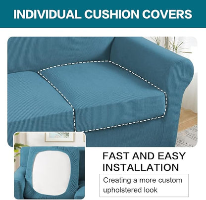 Turquoize 3 Piece Sofa Covers for 2 Cushion Couch Sofa Slipcover Soft Couch Cover for Dogs-Washable Sofa Furniture Covers with 2 Individual Cushion Covers, Thick Jacquard Fabric (Loveseat, Storm Blue)