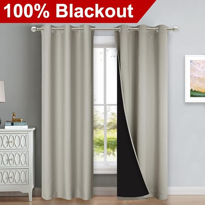 NICETOWN Natural Blackout Curtains 84 inches Long, Full Light Blocking Drapes with Black Liner for Nursery, Thermal Insulated Draperies for Hall, Villa (2 Pieces, 42" Wide Each Panel, Natural)
