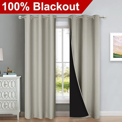 NICETOWN Natural Blackout Curtains 84 inches Long, Full Light Blocking Drapes with Black Liner for Nursery, Thermal Insulated Draperies for Hall, Villa (2 Pieces, 42" Wide Each Panel, Natural)