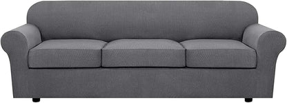 H.VERSAILTEX 4 Piece Stretch Sofa Covers for 3 Cushion Couch Covers for Living Room Furniture Slipcovers (Base Cover Plus 3 Seat Cushion Covers) Thicker Jacquard Fabric (Large Sofa, Grey)