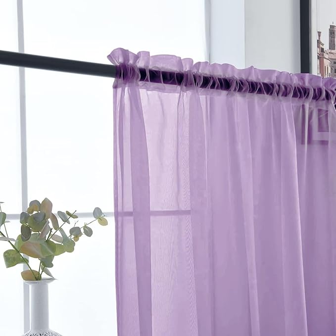 SpaceDresser Sheer Voile Window Treatment Rod Pocket Curtain Panels for Kitchen Bedroom Living Room Drapes Sunlight Filtering Privacy Semi Home Decor Assorted (Lavender, 52 W x 96 L)