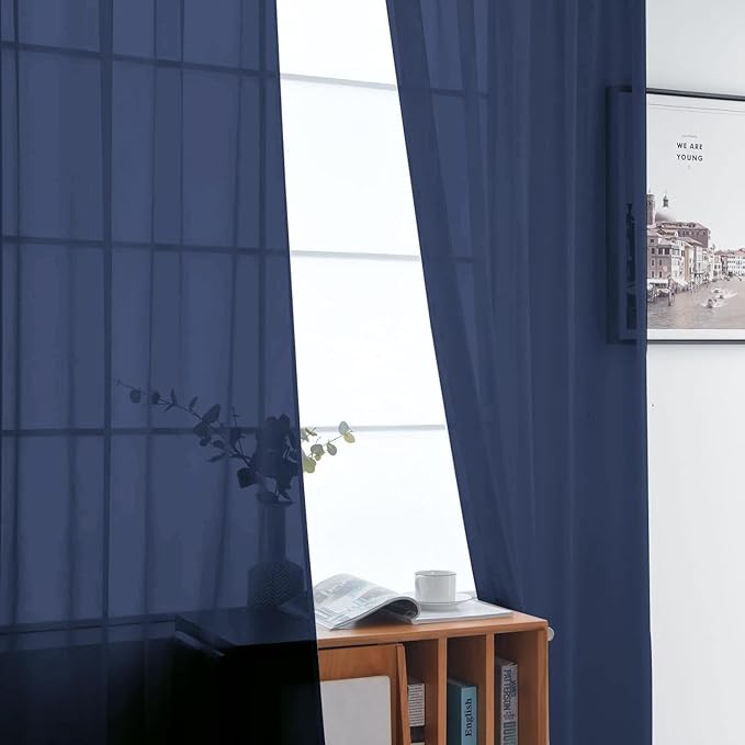 SpaceDresser Sheer Voile Window Treatment Rod Pocket Curtain Panels for Kitchen Bedroom Living Room Drapes Sunlight Filtering Privacy Semi Home Decor Assorted Colors Sizes (Navy, 52 W x 72 L)