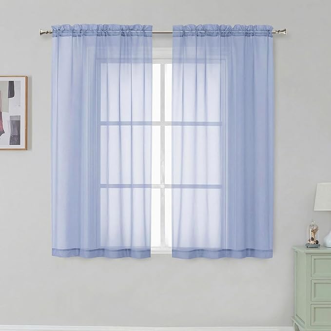 Simplebrand Denim Short Sheer Curtains 45 Inch Length for Small Windows, Rod Pocket 2 Panels Set Solid Voile Drapes Window Sheer Curtains for Bedroom Bathroom Kids Room Kitchen, 42x45 Inch, Denim
