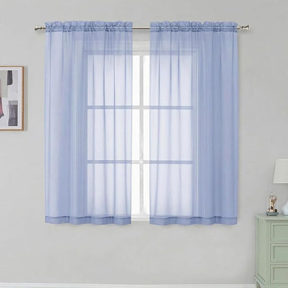 Simplebrand Denim Short Sheer Curtains 45 Inch Length for Small Windows, Rod Pocket 2 Panels Set Solid Voile Drapes Window Sheer Curtains for Bedroom Bathroom Kids Room Kitchen, 42x45 Inch, Denim