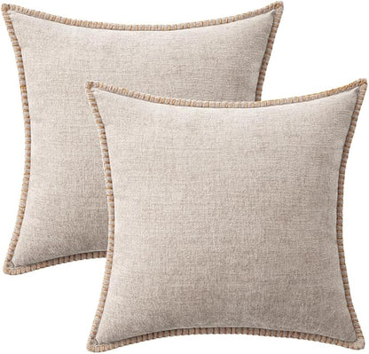MIULEE Pack of 2 Couch Throw Pillow Covers 18x18 Inch Natural Beige Farmhouse Decorative Pillow Covers with Stitched Edge Taupe Soft Chenille Solid Dyed Pillow Covers for Sofa Bed Living Room