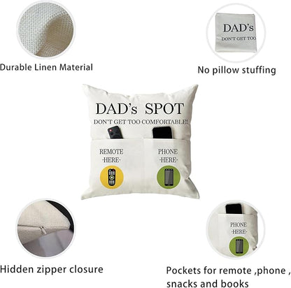 ONFAON Father's Day Throw Pillow Case, Dad's Spot Throw Pillow Covers 18 x 18 Inch，Dad Gifts from Daughter Son，Birthday Christmas Thanksgiving Day Gifts for Papa Stepdad ，2-Pocket