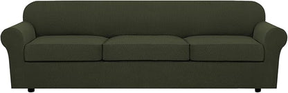 H.VERSAILTEX 4 Piece Stretch Sofa Covers for 3 Cushion Couch Furniture Slipcovers for Living Room (1 Base Cover Plus 3 Seat Cushion Covers) Jacquard Fabric Cover (XL Sofa, Olive)