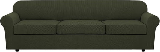 H.VERSAILTEX 4 Piece Stretch Sofa Covers for 3 Cushion Couch Furniture Slipcovers for Living Room (1 Base Cover Plus 3 Seat Cushion Covers) Jacquard Fabric Cover (XL Sofa, Olive)