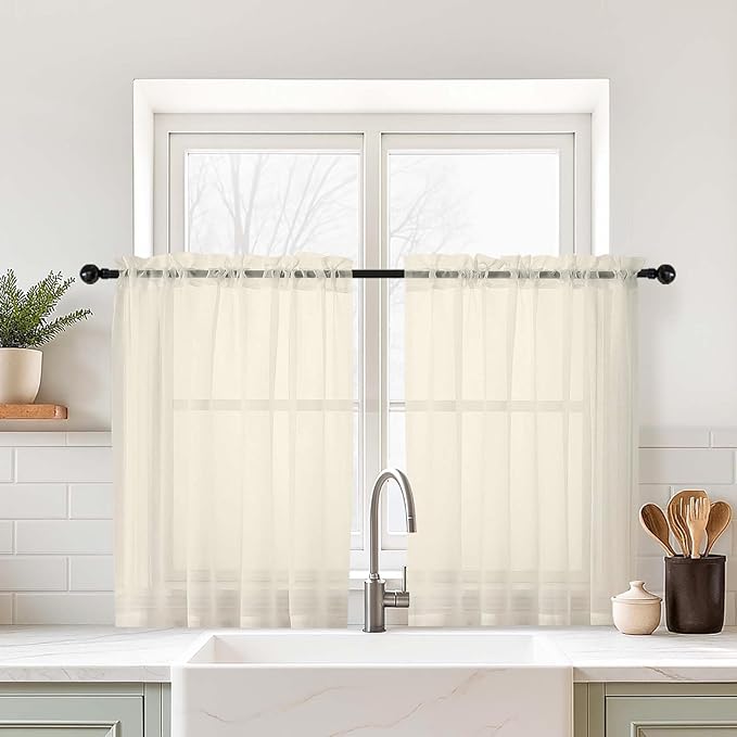 Cream Sheer Curtains Tier 30 Inches Length 2 Panels Set, Light Filtering Lightweight Soft Window Treatments Drapes, Cute Elegant Cafe Curtains for Nursery, Dual Rod Pocket, 2x42Wx30L Inches