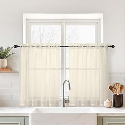 Cream Sheer Curtains Tier 30 Inches Length 2 Panels Set, Light Filtering Lightweight Soft Window Treatments Drapes, Cute Elegant Cafe Curtains for Nursery, Dual Rod Pocket, 2x42Wx30L Inches