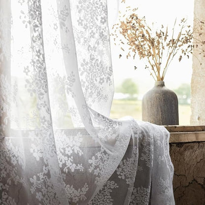 YJ YANJUN Vintage Lace Curtains 54 Inches Length- Victorian Floral Pattern White Sheer Curtain Panels for Living Room Bedroom Bathroom Light Filtering, Country Cottage Core Drapes 2 Panels 52W x 54L