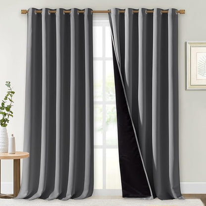 NICETOWN Total Shade Curtains and Draperies, Heavy-Duty Full Light Shading Drapes with Black Liner Backing for Villa/Hall/Dorm Window（Gray, Package of 2 Panels, 70 inches Wide x 95 inches Long
