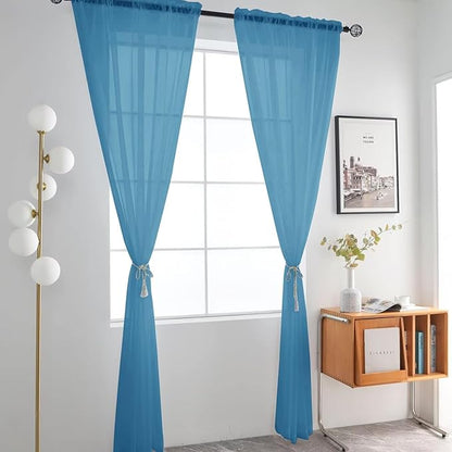 SpaceDresser Basic Rod Pocket Sheer Voile Window Curtain Panels Blue 1 Pair 2 Panels 52 Width 54 Inch Long for Kitchen Bedroom Children Living Room Yard（Blue, 52W x 54L）