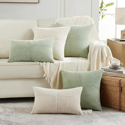 Fancy Homi 2 Packs Sage Green Lumbar Decorative Throw Pillow Covers 20x28 Inch for Living Room Couch Bed, Rustic Farmhouse Boho Home Decor, Soft Striped Corduroy Rectangle Accent Cushion Case 50x70 cm
