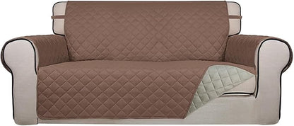 PureFit Reversible Quilted Sofa Cover, Water Resistant Slipcover Furniture Protector, Washable Couch Cover with Non Slip and Elastic Straps for Kids, Dogs, Pets (Oversized Loveseat, Brown/Beige)