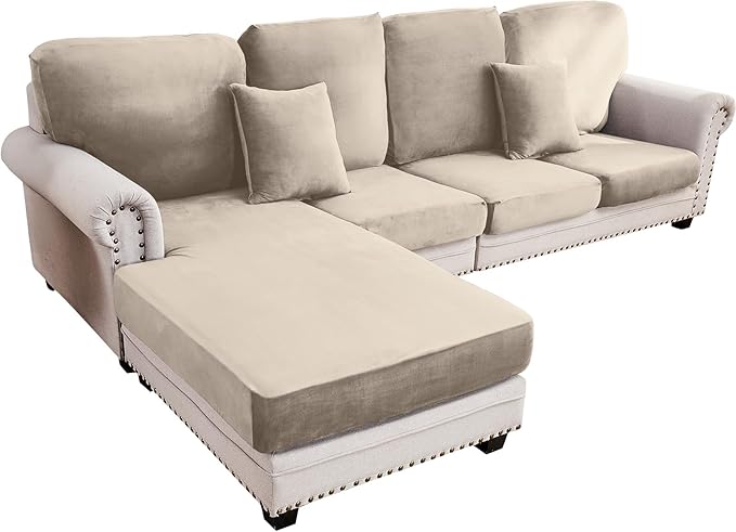 Couch Cover 4-Piece Elastic Velvet Couch Cushion Covers & Chaise Slipcovers for L-Shaped Sofas - Sofa Seat Covers Washable, Soft Protector for Couches (3 Seater + Chaise, Taupe)