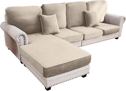 Couch Cover 4-Piece Elastic Velvet Couch Cushion Covers & Chaise Slipcovers for L-Shaped Sofas - Sofa Seat Covers Washable, Soft Protector for Couches (3 Seater + Chaise, Taupe)