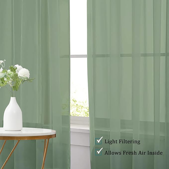 Chyhomenyc Sage Green Sheer Valances for Windows - Light Filtering Small Kitchen Curtains, Rod Pocket Short Top Window Treatment Decor for Living Room Bathroom Basement, 42Wx16L inches, 2 Panels