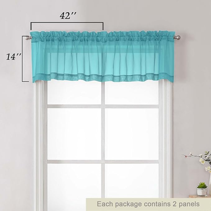 Turquoise Valances for Windows, Turquoise Sheer Curtains 14 Inch Length 2 Pack Kitchen Drapes, Modern Solid Mini Small Window Curtains for Cafe Bathroom Basement, Each 42" Wx14 L Inches