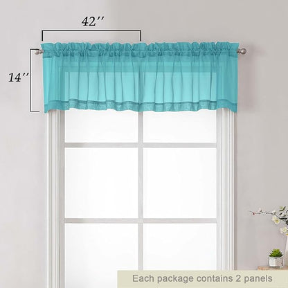 Turquoise Valances for Windows, Turquoise Sheer Curtains 14 Inch Length 2 Pack Kitchen Drapes, Modern Solid Mini Small Window Curtains for Cafe Bathroom Basement, Each 42" Wx14 L Inches