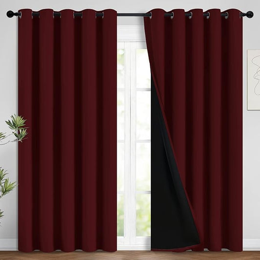 Yakamok 100% Blackout Curtains for Living Room, Noise Reducing Drapes,Thermal Insulated Blackout Curtains for Bedroom(62Wx96L, Burgundy Red, 2 Panels)