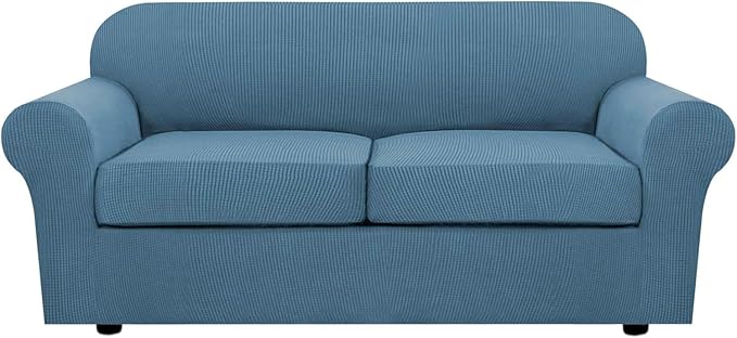 H.VERSAILTEX 3 Piece Stretch Sofa Covers for 2 Cushion Sofa Couch Covers for Living Room Furniture Cover (Base Cover Plus 2 Seat Cushion Covers) Thicker Jacquard Fabric(Large Sofa, Dusty Blue)