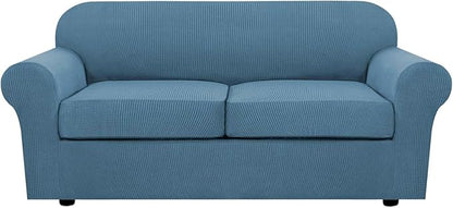 H.VERSAILTEX 3 Piece Stretch Sofa Covers for 2 Cushion Sofa Couch Covers for Living Room Furniture Cover (Base Cover Plus 2 Seat Cushion Covers) Thicker Jacquard Fabric(Large Sofa, Dusty Blue)